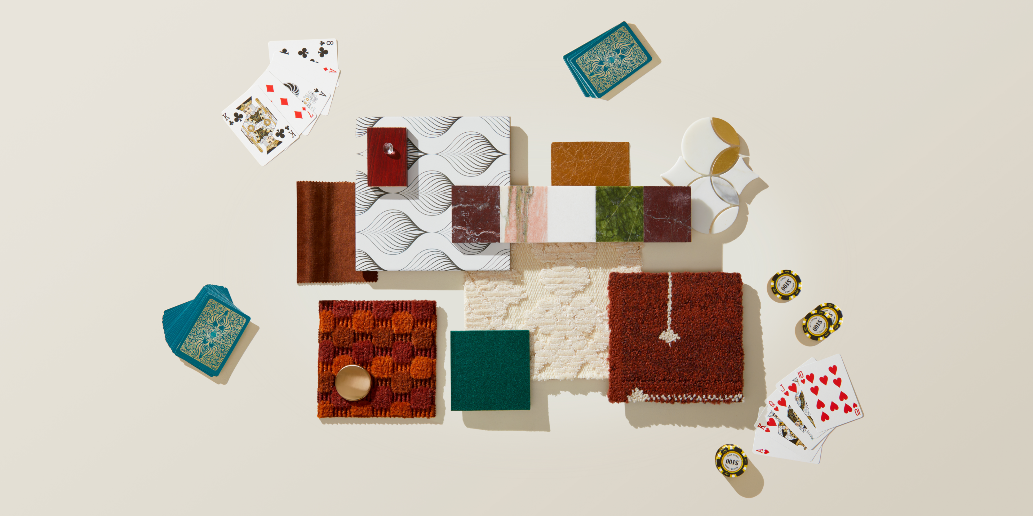 a flatlay of sophisticated materials inspired by a vintage casino