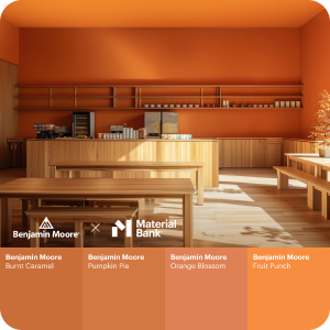 A office cafeteria space with wood tables and bar and orange painted walls and ceiling. At the bottom of the image are 4 swatches of various shades of orange Benjamin Moore paint. 