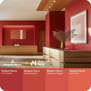 An office lobby with desk and paintings hung on the wall. The walls are painted vivid red. At the bottom of the image are 4 swatches of various shades of red Benjamin Moore paint. 