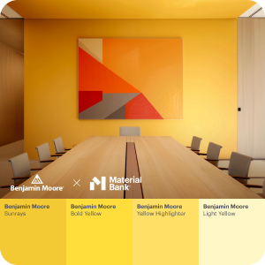 An office conference room table and chairs with yellow painted wall and ceiling. Glass entrance door and wooden closet door. An abstract geometric painting is hung on the wall in reds, oranges, yellows and gray combination. At the bottom of the image are 4 swatches of various shades of yellow Benjamin Moore paint. 