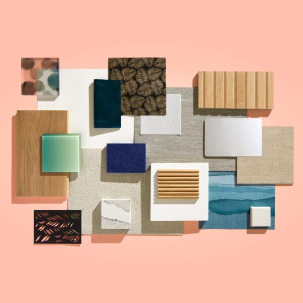 A flat lay of the Top Sampled Materials in Healthcare on Material Bank. This collection highlights a variety of materials, textures and colors.