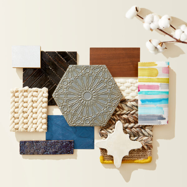 flat lay photograph of a variety of materials in different colors and textures to represent the Crafted Couture collection.