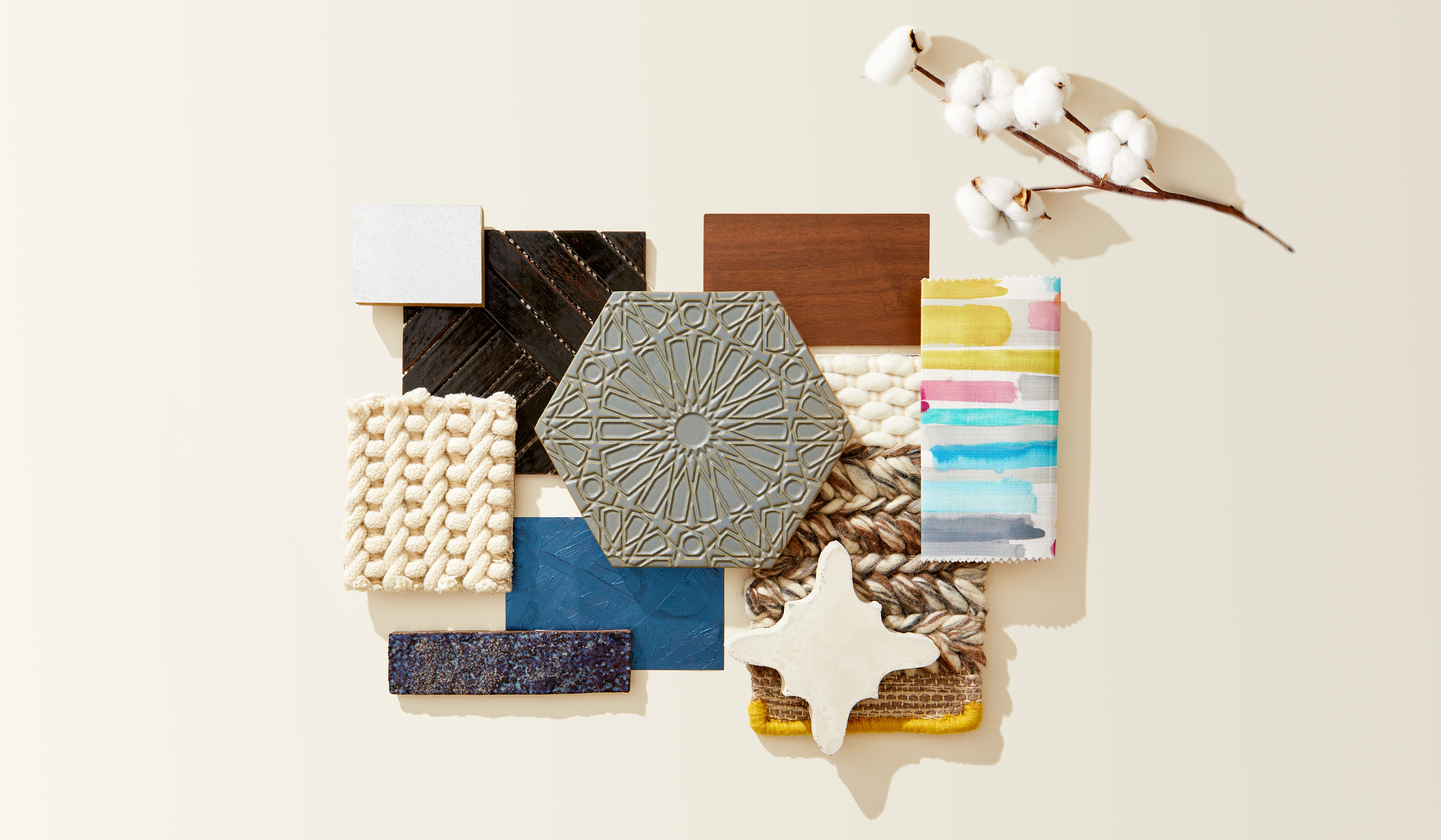 flat lay photograph of a variety of materials in different colors and textures to represent the Crafted Couture collection.