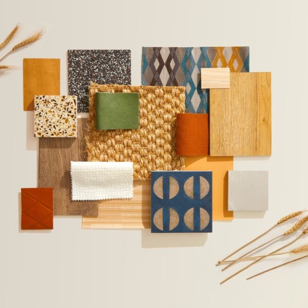 A flatlay collection of materials in a variety of colors, textures and materials inspired by the harvest moon.