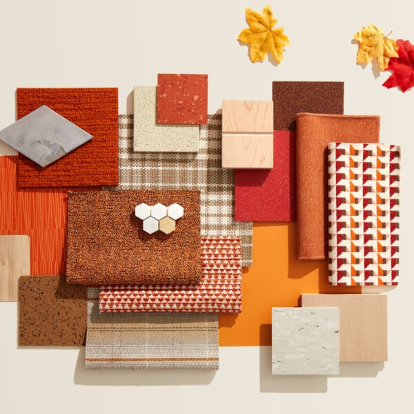 A collection of samples to represent Material Bank's Layers and Leaves collection in a variety of oranges and neutrals.