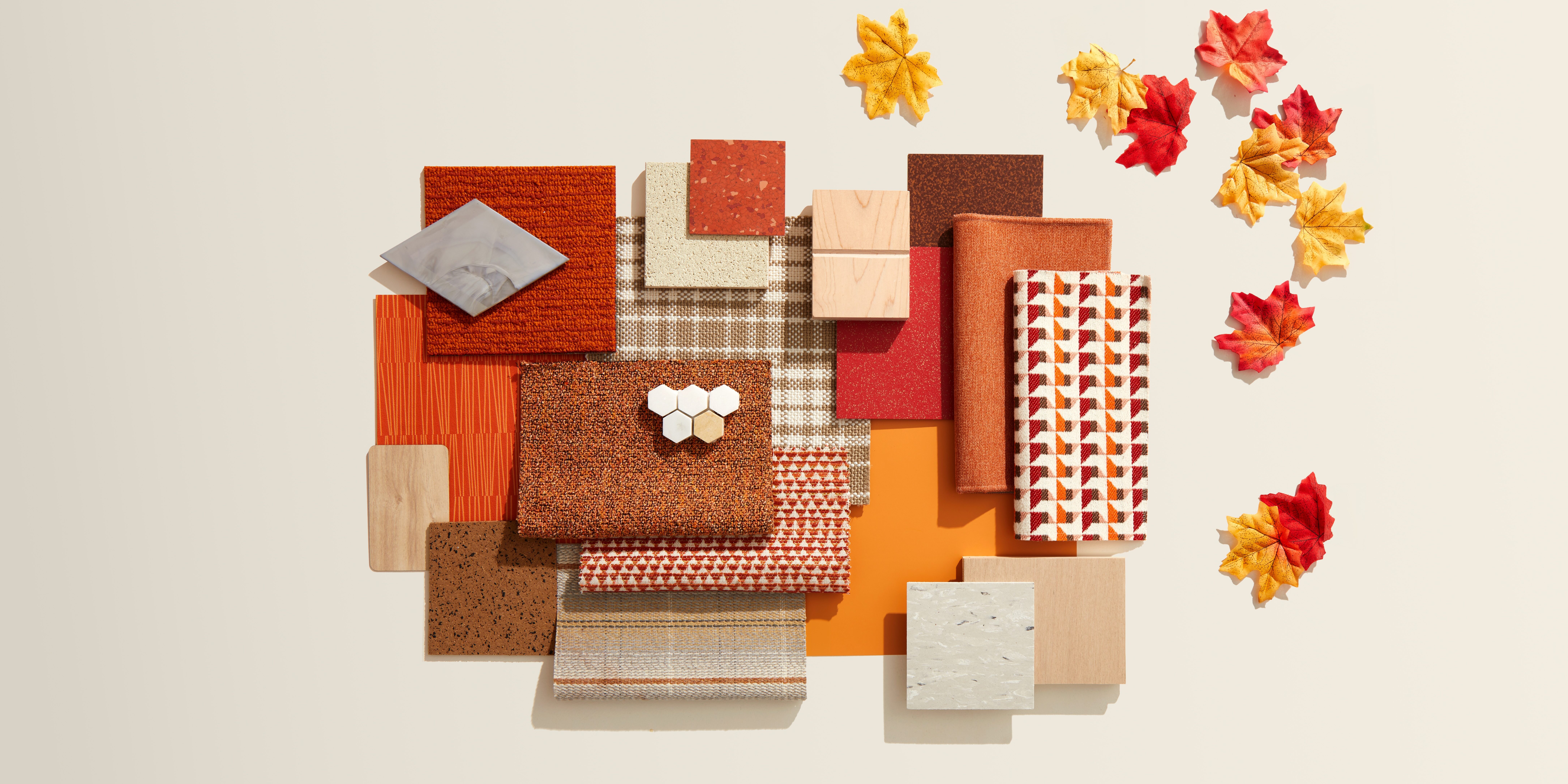 A collection of samples to represent Material Bank's Layers and Leaves collection in a variety of oranges and neutrals.