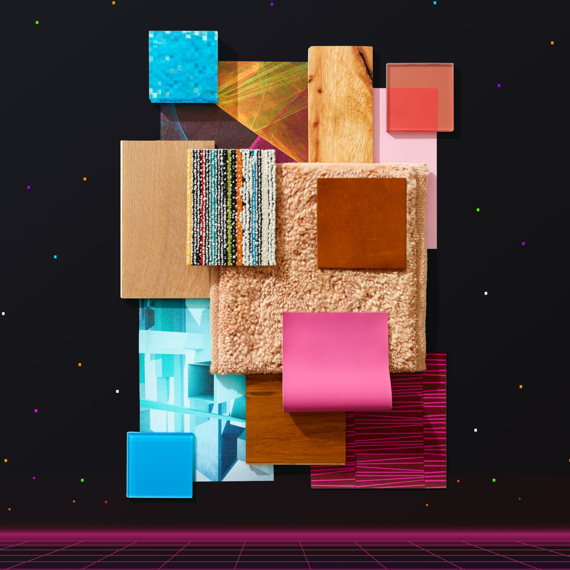 Design Like it's 1989 is a palette inspired by 80s game rooms. This palette includes materials in neon pink and blue, natural wood and leather.