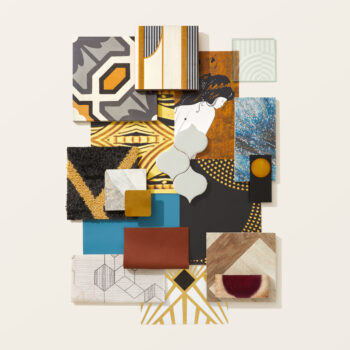 Flatlay photo inspired by a Cenutry of Deco including art deco, textiles, gold patterned surfaces, and decadent glass.