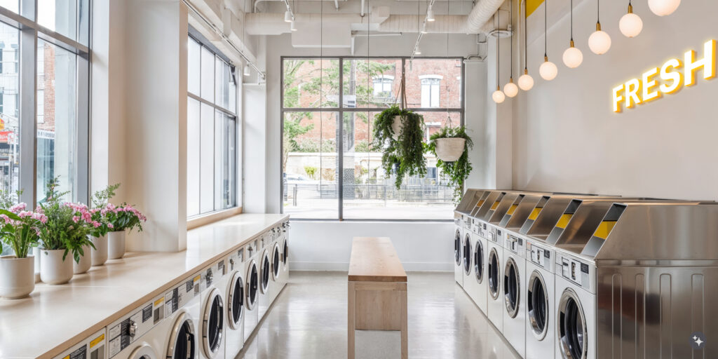 A modern laundromat with sleek stainless steel washing machines, large windows that let in natural light, white walls adorned by yellow neon signs reading "Fresh", wooden islands for the seating area, plants hanging from the ceiling, and bright flowers on display, creating an inviting atmosphere where people can enjoy their laundry experience.