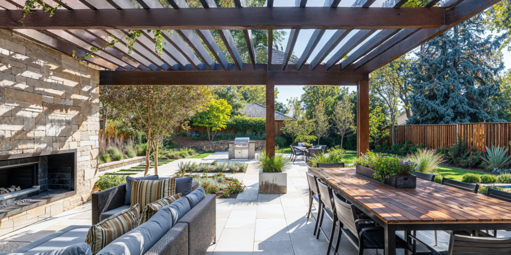A modern outdoor patio with wooden furniture, green landscaping, and tile flooring.