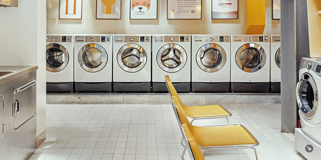 The interior of a modern laundromat. The scene features industrial washing machines and bright yellow chairs. In the background, there are framed posters on the wall. The color palette is neutral, with clean white tiles on the floor. 