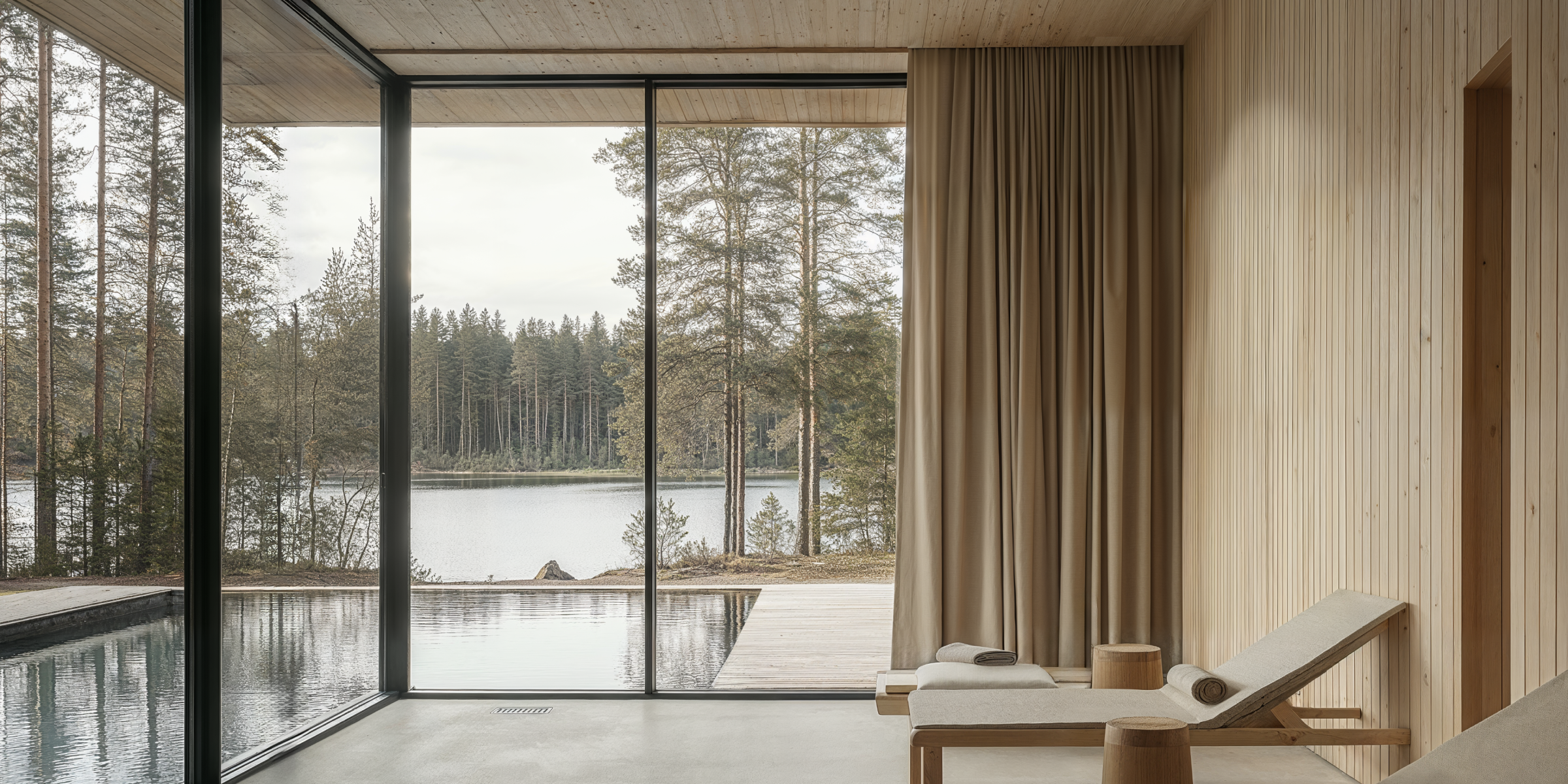 A Finnish sauna with wooden wall paneling, concrete floors, and beige textiles.