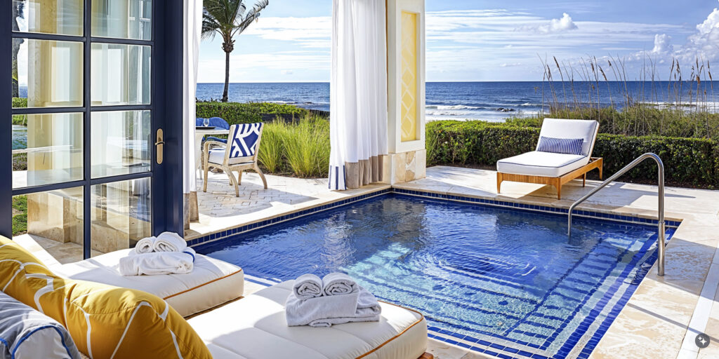 Seaside hotel design with 2 lounge chairs sit next to a private pool with views overlooking the ocean. 