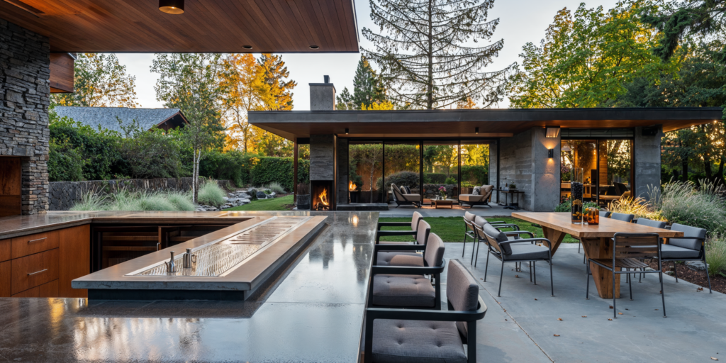 A modern outdoor patio with stainless steel appliances, upholstered furniture, and stone flooring.