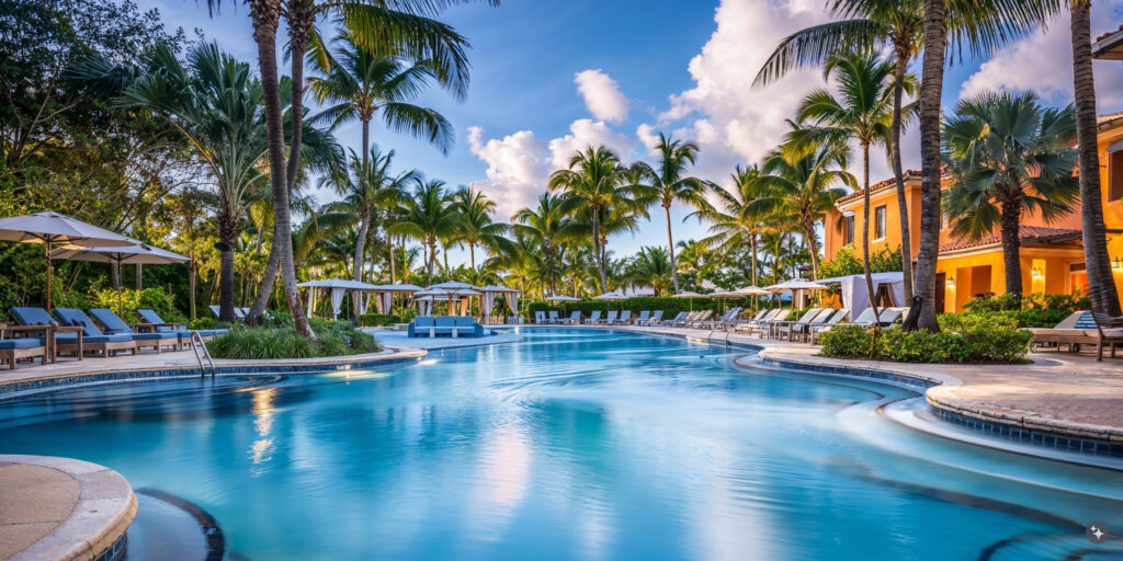 Seaside hotel design with a large guest pool surrounded by umbrellas, lounge chairs and cabanas. 