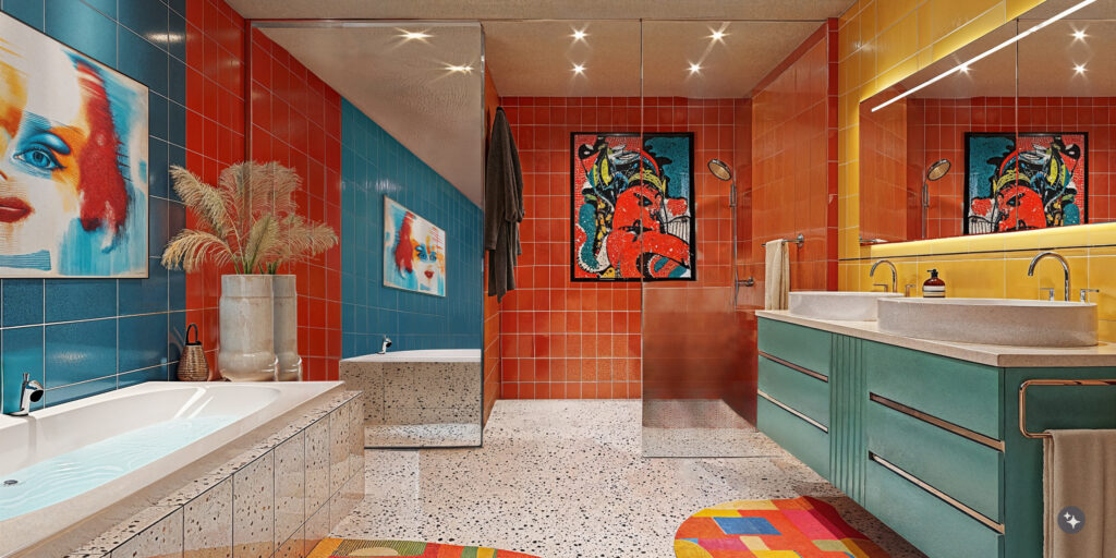 Art deco bathroom with vibrant colored tile walls in blue, red and yellow. A large tub sits on the left side of the room with a shower straight back in the room. A double vanity sink off to the right. Bold abstract art is hung on the walls. 