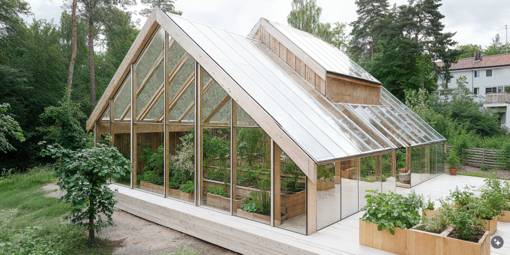 A Scandinavian inspired greenhouse with natural tones, wooden frames, and stone floors.