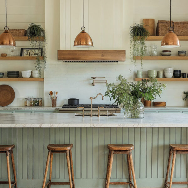 Cape Cod Kitchen with muted light blue green cabinets, stone countertops with cream painted wood paneling on the walls and wood shelving and barstools.