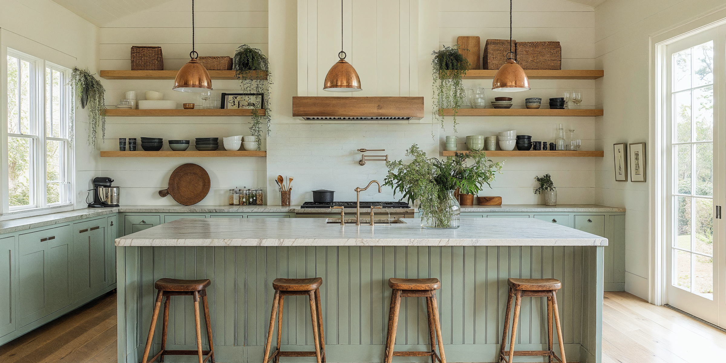 Cape Cod Kitchen with muted light blue green cabinets, stone countertops with cream painted wood paneling on the walls and wood shelving and barstools.