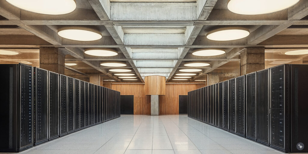 A brutalist data center with wooden wall paneling, coffered ceilings, and concrete floors.