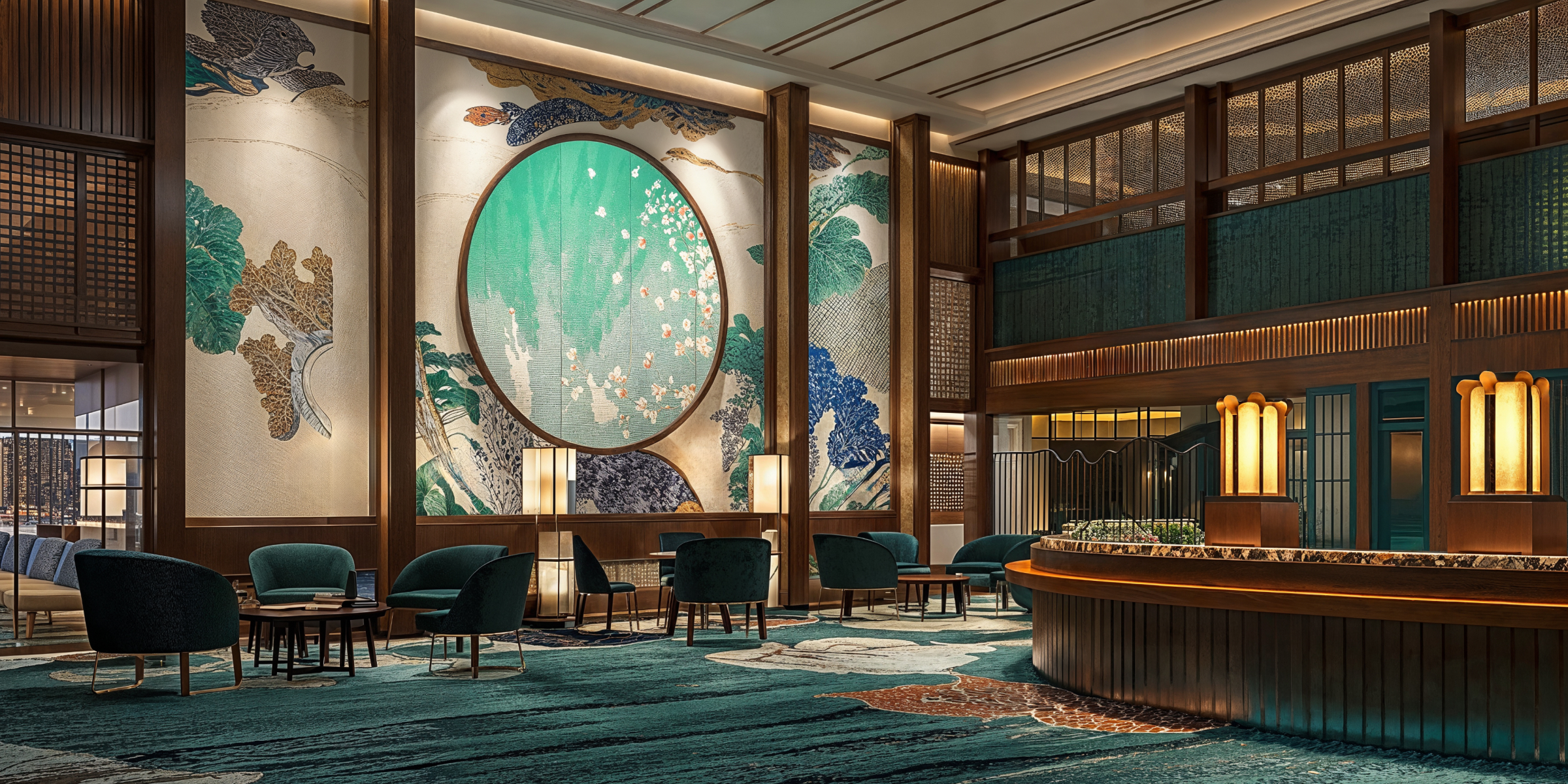 A Chinoiserie Conference Center with teal carpet, wooden wall paneling, and pendant lighting.