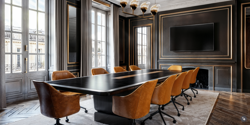 An art deco boardroom with leather seating, decorative trim, decadent lighting.