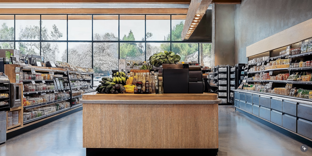 A Japandi grocery store with exposed wooden beams, concrete floors, and LED lighting.