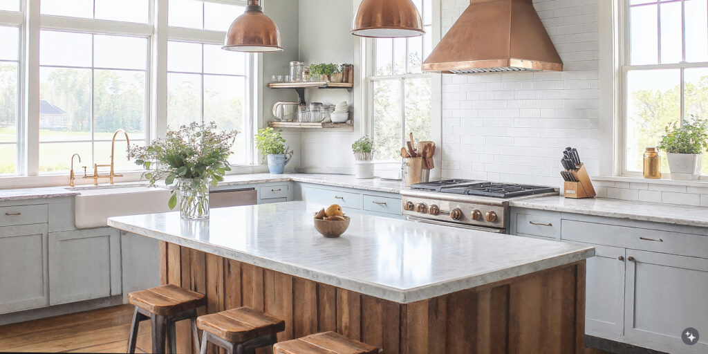 Cape Cod Kitchen with white tile walls, stone countertops, wood paneled island counter, light blue cabinets with copper light fixtures. Large window let in lots of natural light and allow for views of nature. 