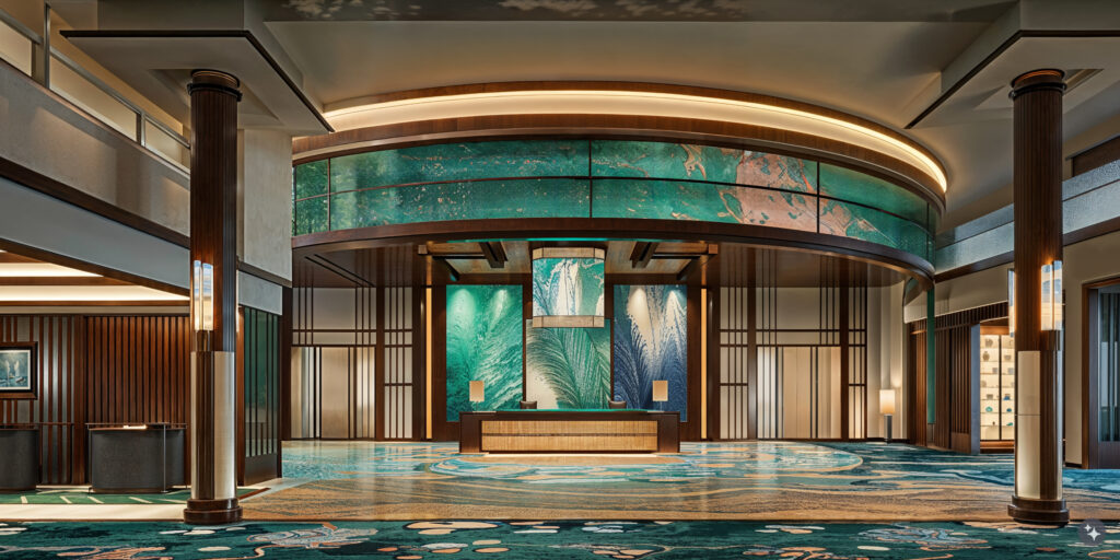 A A Chinoiserie Conference Center with teal tiled flooring, botanical wallpaper, and soft lighting.