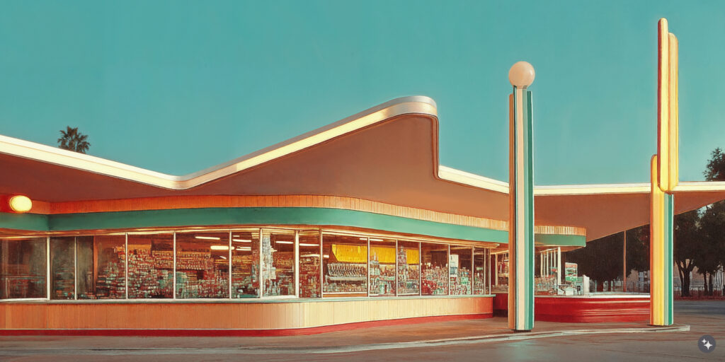 A Googie confectionary shop exterior with colorful wall paneling, curved windows, and retro-inspired design.