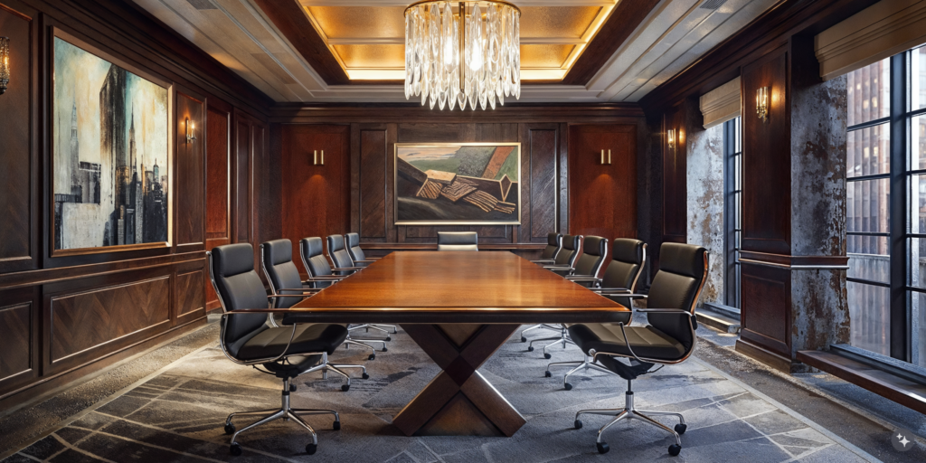 An art deco boardroom with leather seating, wood paneling, decadent chandeliers.