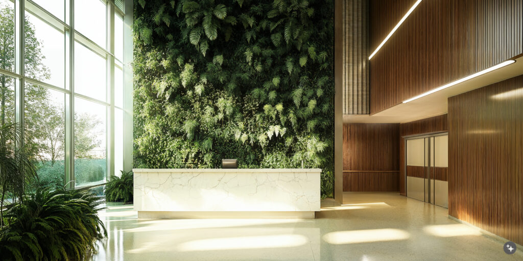 A biophilic hospital lobby with wooden wall paneling, lush greenery, and marble countertops.