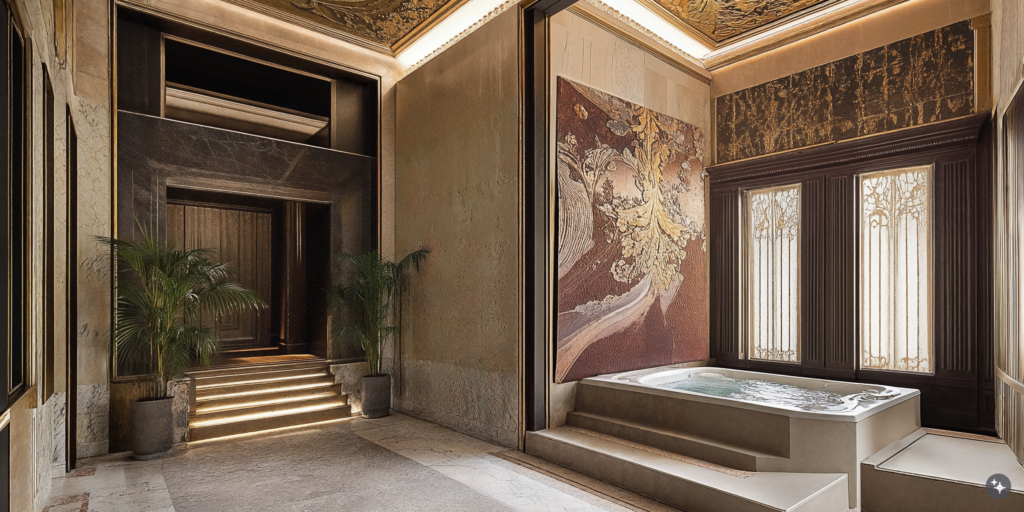 A neo-baroque spa suite with marble walls, baffled ceilings, and gilded finishes.