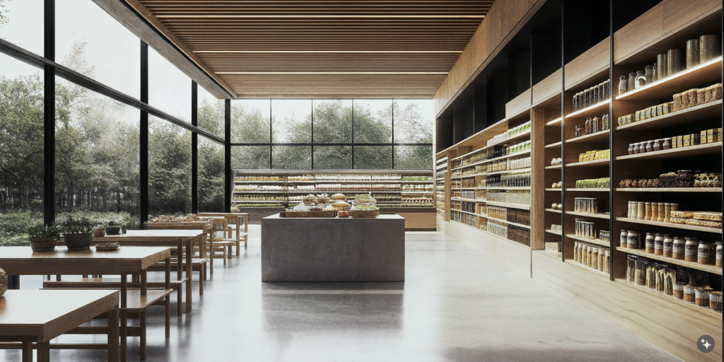 A Japandi grocery store with concrete floors, wooden ceilings, and large windows.