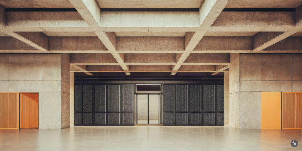 A brutalist data center with coffered ceilings, concrete walls, and tile flooring.