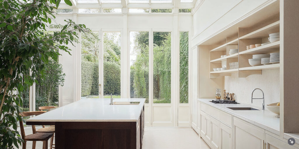 A Victorian conservatory living area with white walls, wooden paneling, and marble surfaces.