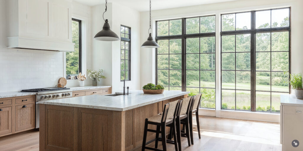 Modern Cape Cod Kitchen with white tile walls, stone countertops, wood cabinets, black hardware and lighting fixtures. Large black grid windows let in lots of natural light.