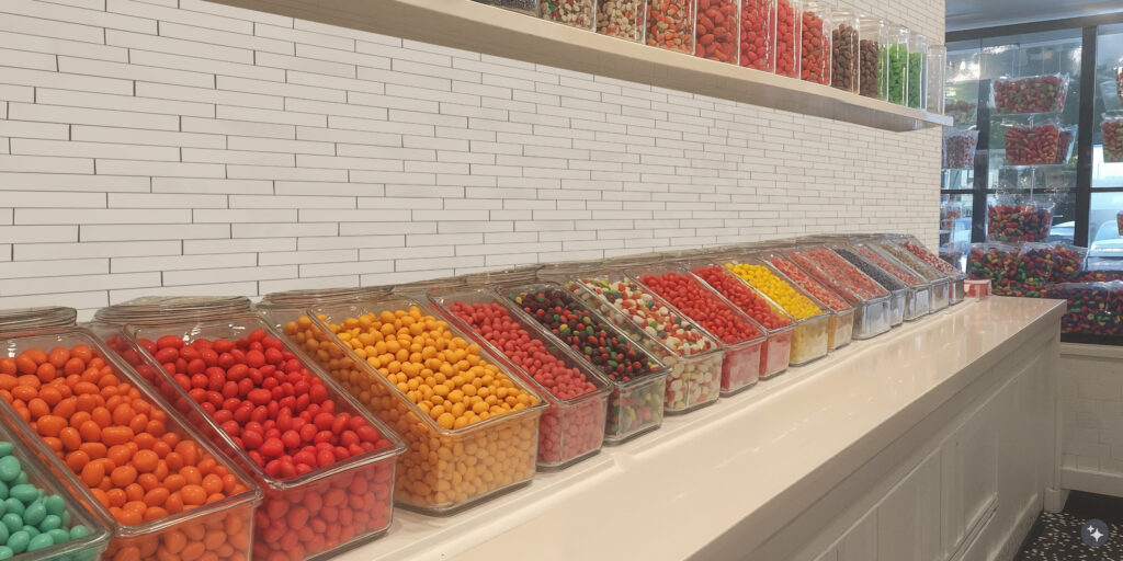 A Googie confectionary shop interior with white brick walls, beige shelving, and colorful candy.