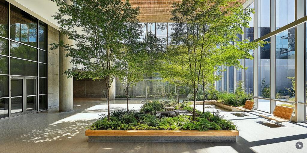 A biophilic hospital lobby with flor to ceiling windows, concrete floors, and lush greenery.