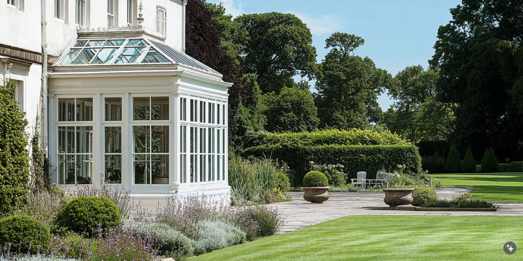 A Victorian conservatory living area with lush grass, large windows, and white walls.