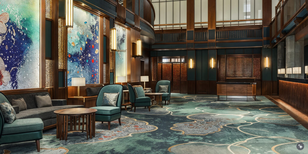 A A Chinoiserie Conference Center with jade colored upholstered furniture, botanical patterned carpets, and wood paneled walls.