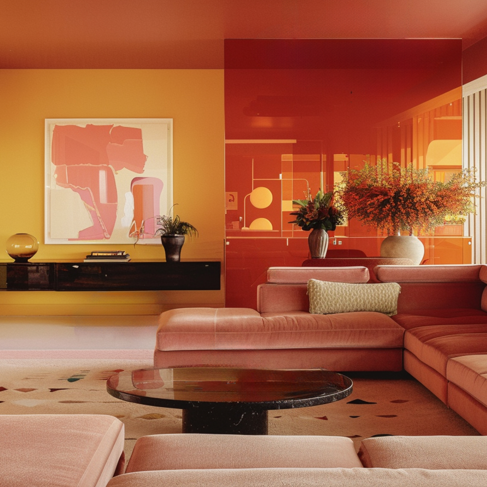 A living room with a 70s Retro Color Palettes featuring pinks, yellows and reds with a wrap around couch in pink and black round coffee table.  