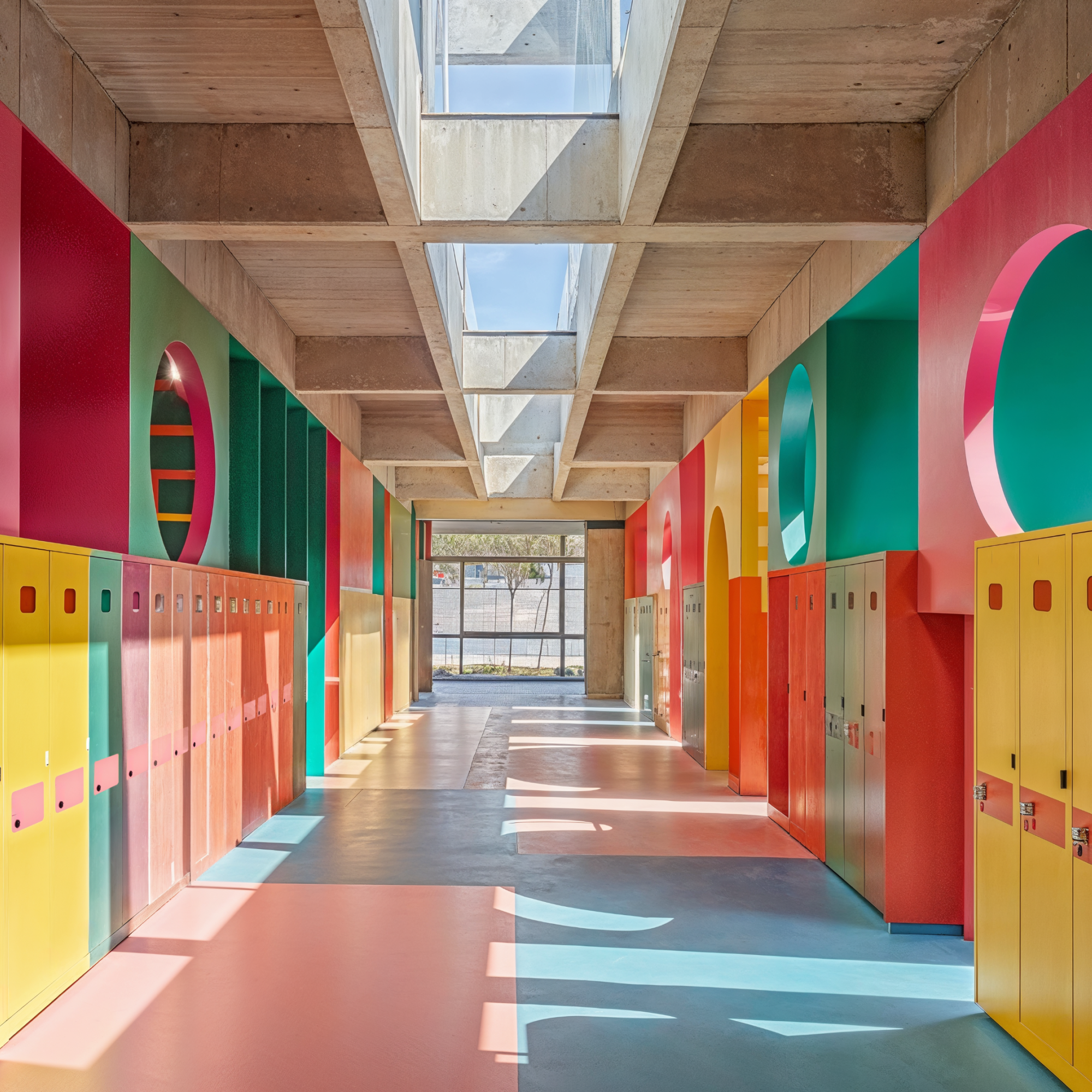 Color blocking featured in a school hallway, natural lighting, colorful lockers in yellows, teals, pinks, and oranges, geometric elements, and blue and pink floor tiles.