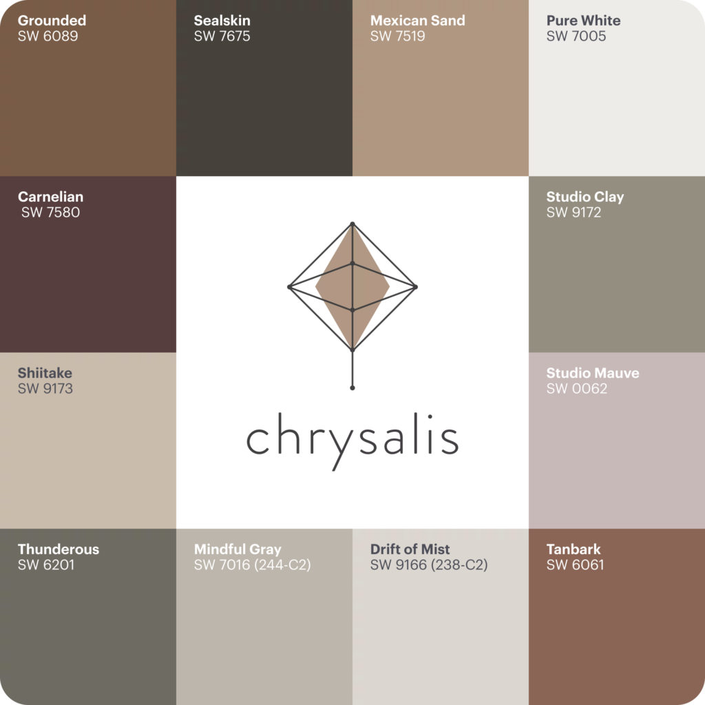 An image showcasing all the colored paint options included in the Sherwin-Williams Colormix® 2025: Capsule Chrysalis.