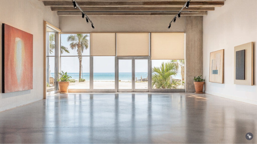 Key West design art gallery, with large open windows overlooking the beach and artwork displayed on the right and left side walls. Concrete floor, ceiling beams and track light.