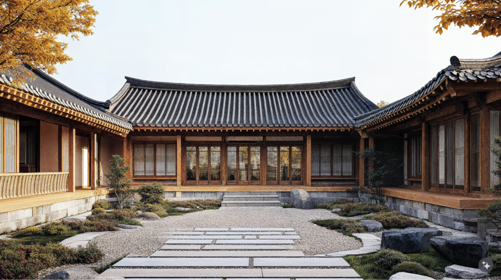 A Korean Hanok designed cultural space with natural stone walkways, tiled roofs, and wooden framing.