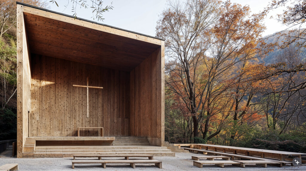 An outdoor wooden Japanese Zen design chapel with two rows of benches, surrounded by trees and mountains in autumn.