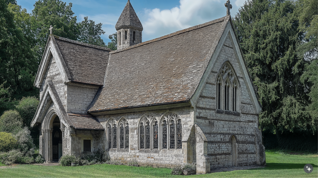 A British arts and crafts designed cultural space with stone walls, arched doorways, and tiled roofs.