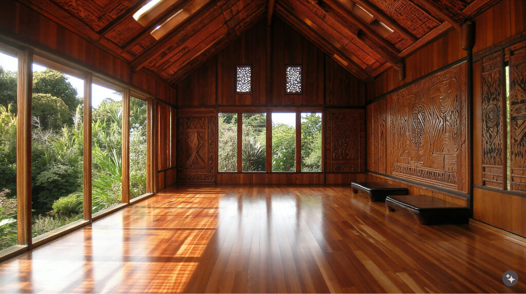 A Maori inspired cultural center with intricate wooden wall paneling, hardwood floors, and skylights.