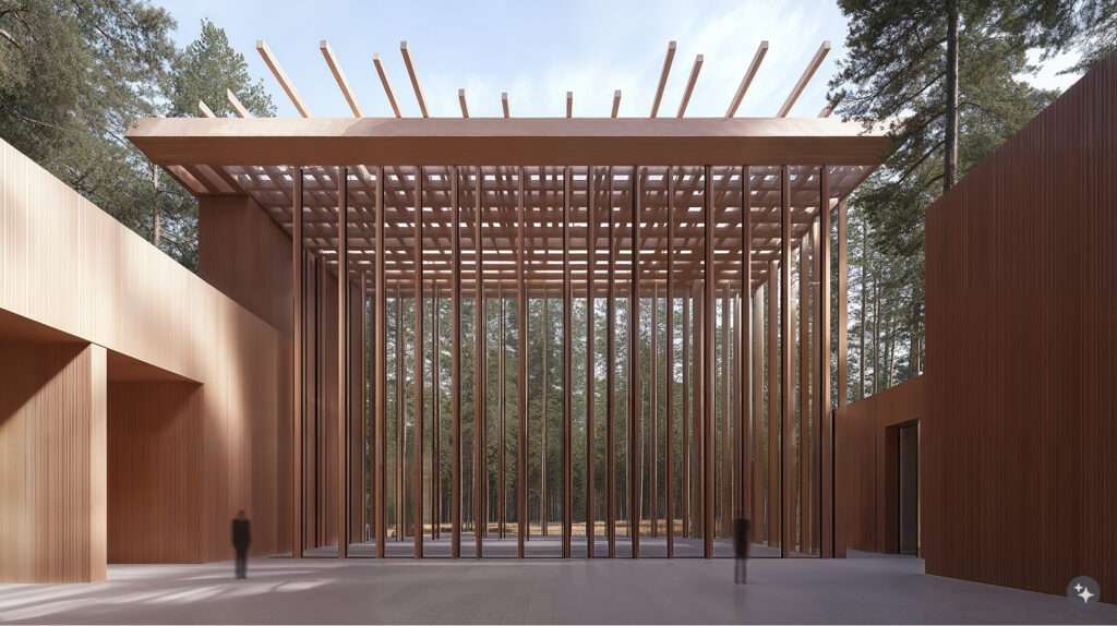 A Finnish sauna design inspired cultural center with concrete floors, wooden wall paneling, and tall windows.